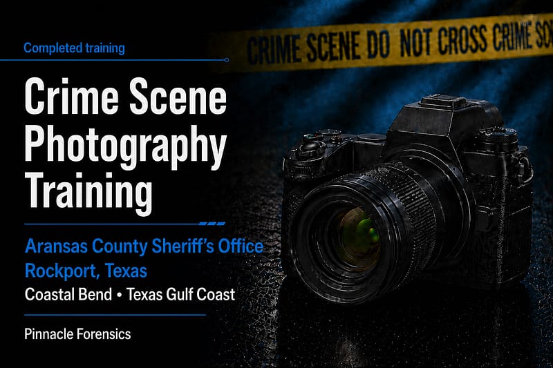 Completed Crime Scene Photography Training graphic for Aransas County Sheriff’s Office in Rockport, Texas, serving the Coastal Bend and Texas Gulf Coast.