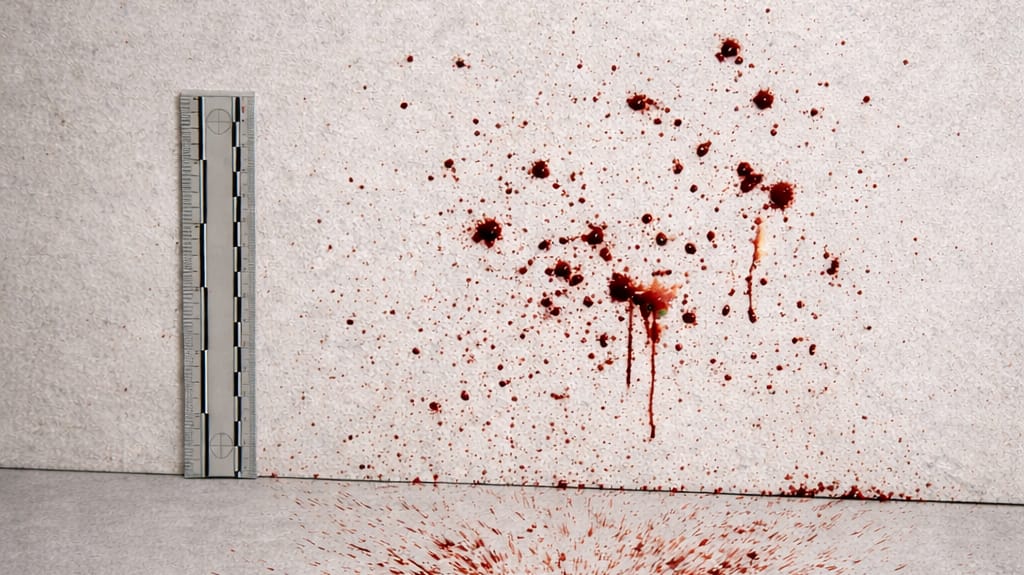 Bloodstain pattern analysis training showing documented bloodstain patterns on a wall and floor with a forensic measurement scale.