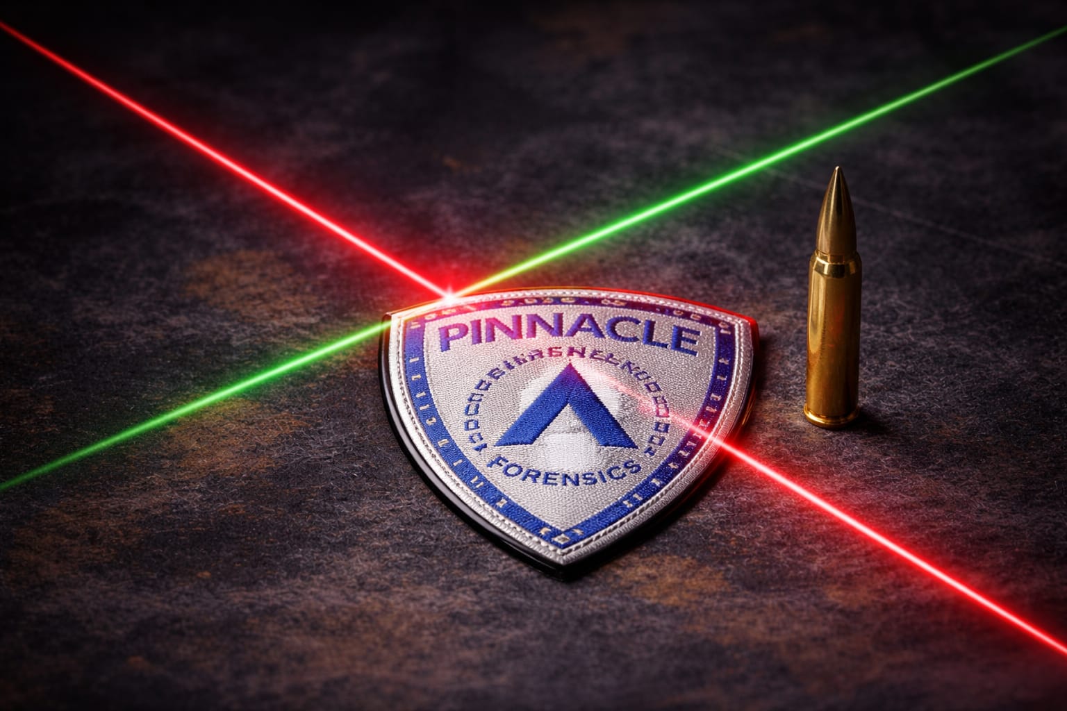 Pinnacle Forensics badge with red and green laser lines and .223 rifle cartridge on a dark surface