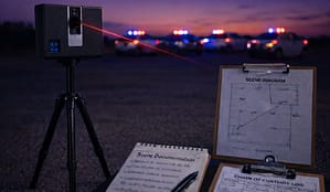 Laser scanner, scene documentation notes, chain of custody log, and scene diagram at a sunset crime scene