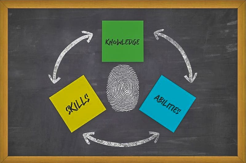 Skills, abilities, and knowledge written on a chalkboard with a fingerprint in the center for a post called skills and abilities