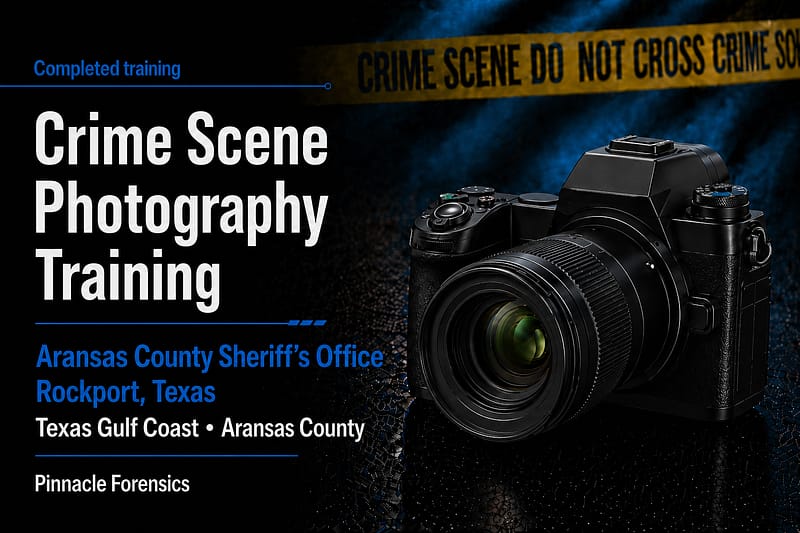 Featured graphic for completed Crime Scene Photography training hosted by Aransas County Sheriff’s Office in Rockport, Texas.