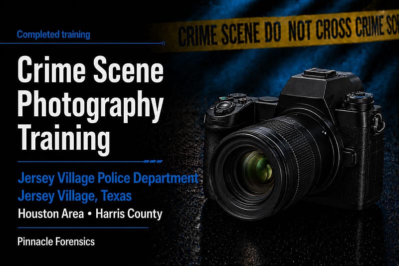 Featured graphic for completed Crime Scene Photography training hosted by Jersey Village Police Department in Jersey Village, Texas.