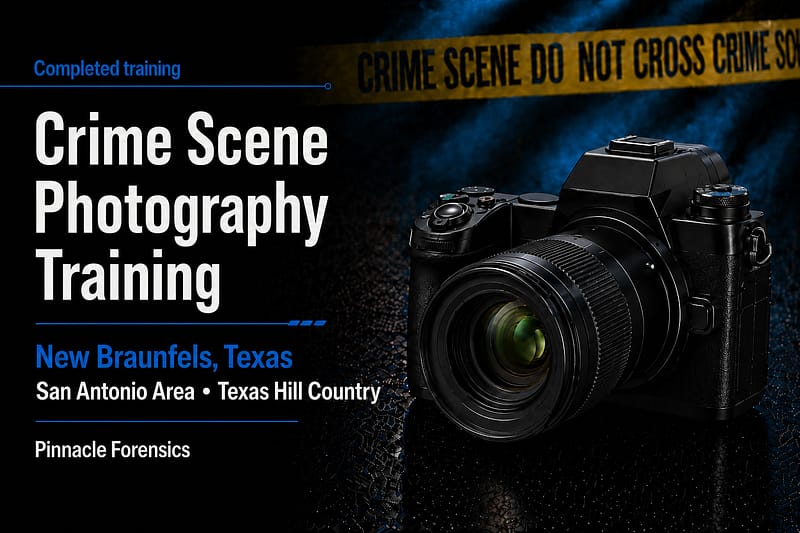 Featured graphic for completed Crime Scene Photography training in New Braunfels, Texas.