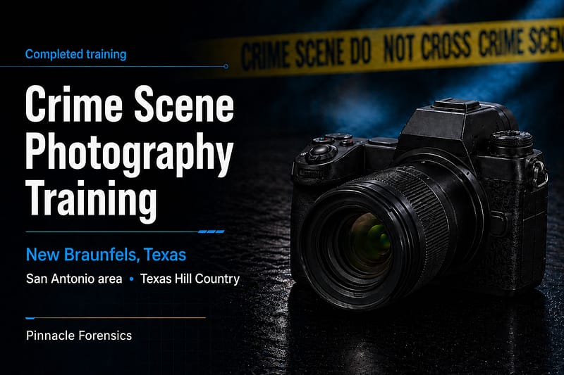 Completed Crime Scene Photography Training in New Braunfels, Texas, serving the San Antonio area and Texas Hill Country.