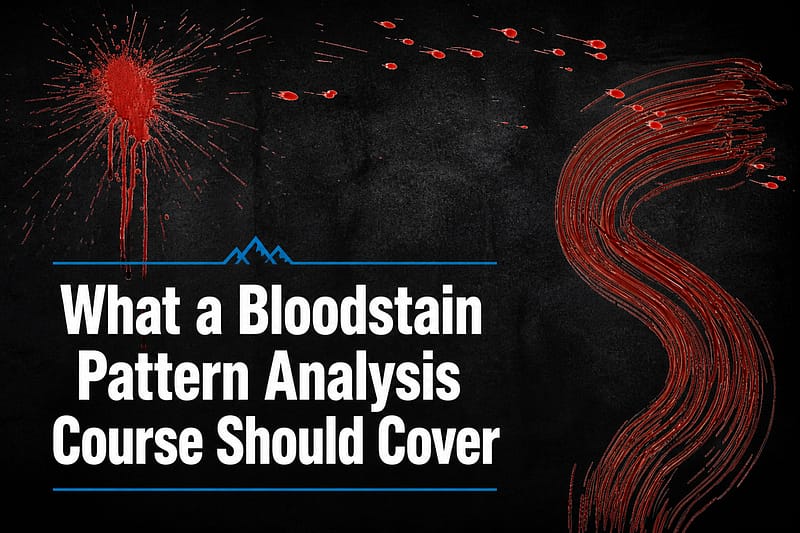 Featured image for a blog post explaining what a bloodstain pattern analysis course should cover, showing impact, transfer and cast-off patterns.