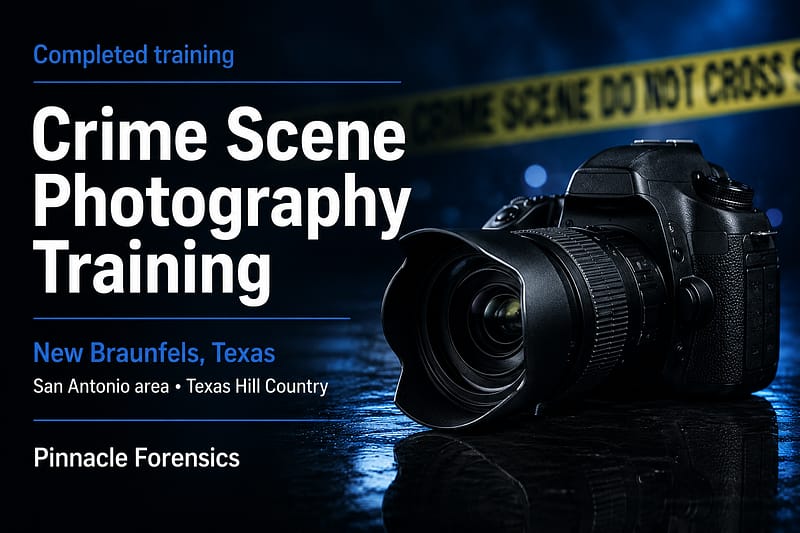Completed Crime Scene Photography Training in New Braunfels, Texas, serving the San Antonio area and Texas Hill Country.